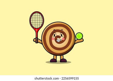 Cute cartoon Cookies character playing tennis field in flat cartoon style illustration