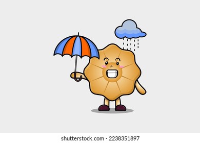 Cute cartoon Cookies character in the rain and using an umbrella in flat modern style design