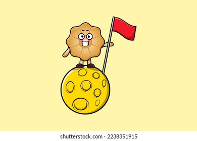 Cute cartoon Cookies character standing on the moon with flag in 3d modern design illustration