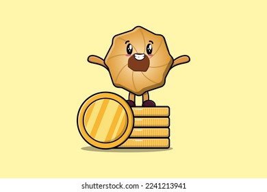 Cute cartoon Cookies character standing in stacked gold coin vector illustration in flat cartoon