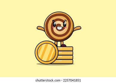 Cute cartoon Cookies character standing in stacked gold coin vector illustration in flat cartoon