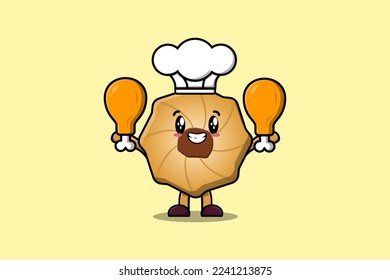 Cute cartoon Cookies chef character holding two chicken thighs in flat cartoon style illustration