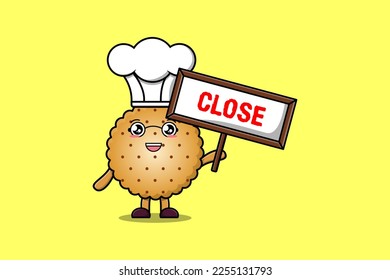 Cute cartoon Cookies chef character holding close sign board designs in flat cartoon style