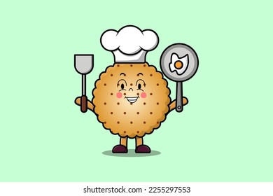 Cute cartoon Cookies chef character holding pan and spatula in flat cartoon style illustration