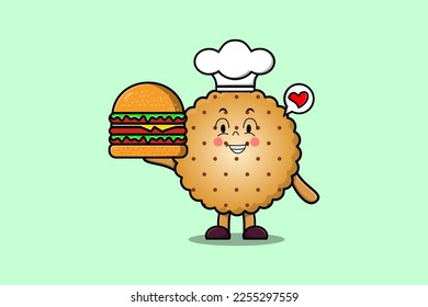Cute cartoon Cookies chef character holding burger in flat cartoon style illustration