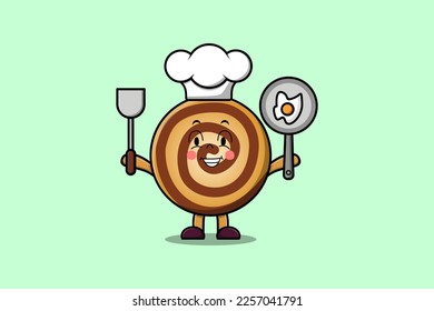 Cute cartoon Cookies chef character holding pan and spatula in flat cartoon style illustration