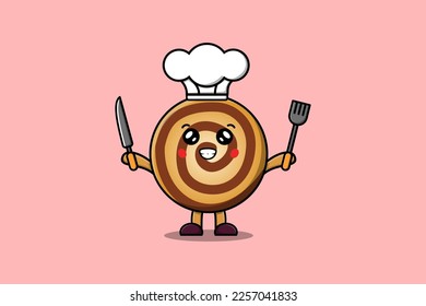 Cute cartoon Cookies chef character holding knife and fork in flat cartoon style illustration