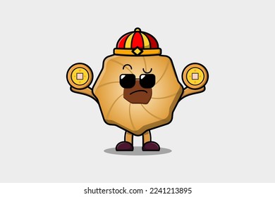 Cute cartoon Cookies chinese character holding coin in vector icon illustration