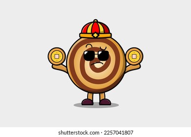 Cute cartoon Cookies chinese character holding coin in vector icon illustration