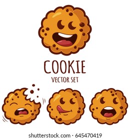 Cute cartoon cookies with different emotions vector icons set. Illustration of a funny biscuit character with chocolate isolated on white background.
