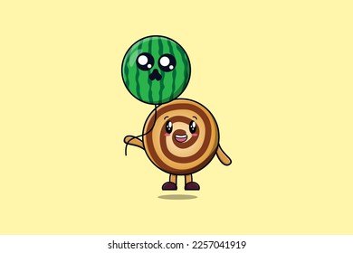 Cute cartoon Cookies floating with Cookies balloon in flat cartoon vector icon illustration