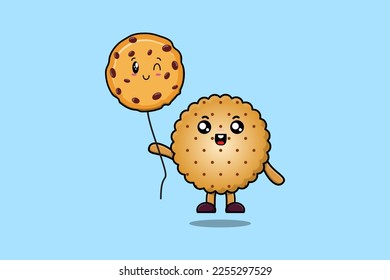 Cute Cartoon Cookies, die mit Keksen-Ballon schwimmen, auf flachem Cartoon, Vektorsymbol