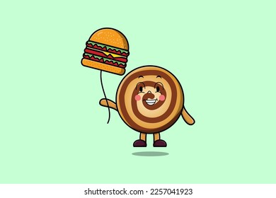 Cute cartoon Cookies floating with burger balloon in flat cartoon vector icon illustration