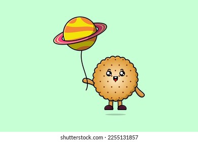 Cute cartoon Cookies floating with planet balloon cartoon vector illustration