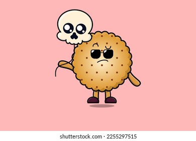 Cute cartoon Cookies floating with skull balloon in flat cartoon vector icon illustration