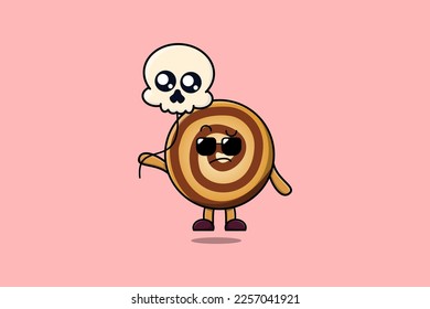 Cute cartoon Cookies floating with skull balloon in flat cartoon vector icon illustration