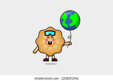 Cute cartoon Cookies floating with world balloon cartoon vector illustration