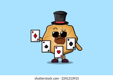 Cute cartoon Cookies magician character playing magic cards in flat cartoon style illustration