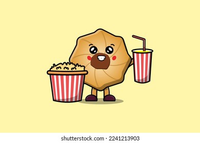 Cute cartoon Cookies with popcorn and drink ready to watching film in cinema