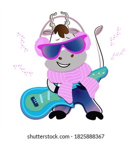 
Cute cartoon  cool bull in glasses, in headphones, in a warm scarf plays the guitar. 
Vector isolated illustration on white background.