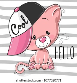 Cute Cartoon Cool Kitten with a pink cap on striped background