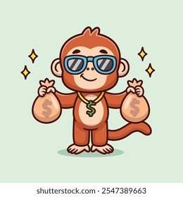 Cute Cartoon Cool Monkey Holding Money Bag Vector Icon Illustration. Animal Finance Icon Concept Isolated Premium Vector. Business Cartoon Style