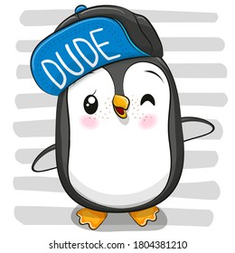 Cute Cartoon Cool Penguin with a blue cap on striped background