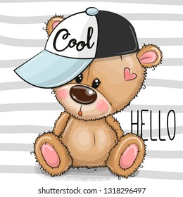 Cute Cartoon Cool Teddy Bear with a pink cap on striped background svg