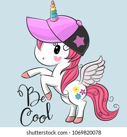 Cute Cartoon Cool unicorn with a pink cap