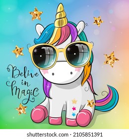 Cute Cartoon Cool Unicorn With Sun Glasses