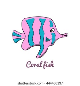 Cute cartoon coral fish. Ocean animal vector illustration. Sea creature in a funny, hand drawn style.