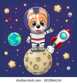 Cute Cartoon Corgi astronaut on the moon on a space background