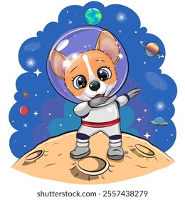 Cute Cartoon Corgi astronaut on the moon on a space background