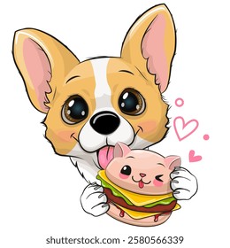 Cute cartoon corgi with burger on a white background