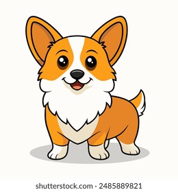 Personaje lindo del perro del corgi de la historieta, de pie alegre del cachorro, que exhibe una sonrisa grande y ojos brillantes, atentos. Vector juguetón y amable mascota de la popular raza canina Corgi, ilustración infantil