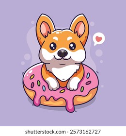 Cute cartoon corgi dog with donut. Vector illustration.