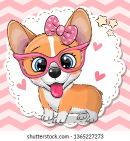 Cute cartoon Corgi dog girl girl in pink eyeglasses with a bow