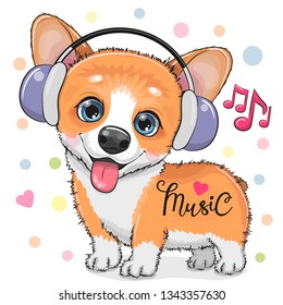 Cute cartoon Corgi Dog with headphones on a white background