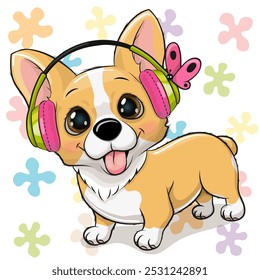 Corgi cão bonito desenhos animados com fones de ouvido no fundo floral