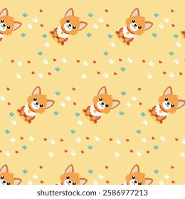 Cute Cartoon Corgi Dog Pattern with Paw Prints and Hearts