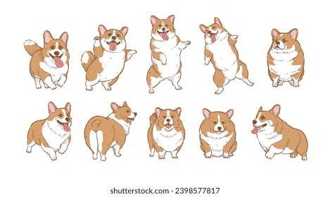 Cute Cartoon corgi dog set	 , Cartoon Dog Character Design with Flat Colors in Various Poses
