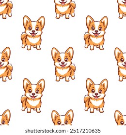 Cute cartoon corgi dogs on white background. Vector seamless pattern.
