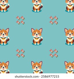 Cute Cartoon Corgi Dogs Pattern with Playful Paw Prints and Blue Background