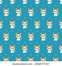 Cute Cartoon Corgi Dogs with Paw Prints and Stars on Blue Background