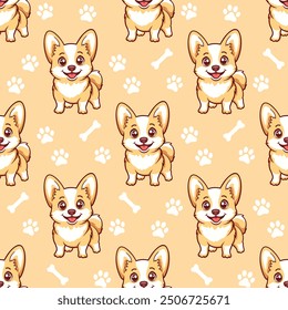 Cute cartoon corgi dogs, white bones and paws prints on beige background. Vector seamless pattern.