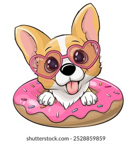 Cute Cartoon Corgi with donut and heart glasses