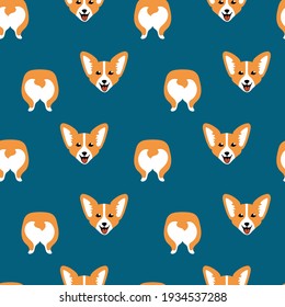 Cute cartoon corgi face and butt in seamless pattern on blue background. Children textile print. Vector illustration.