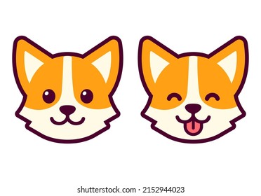 Cute Cartoon Corgi Face Drawing, Normal And Tongue Out. Cute Dog Head Icon, Vector Illustration Set.