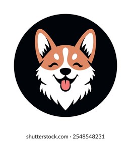 Cute cartoon corgi face. Flat design icon of happy dog ​​head with tongue hanging out. Pet grooming logo concept. Minimalist and simple vector cartoon illustration isolated on white.