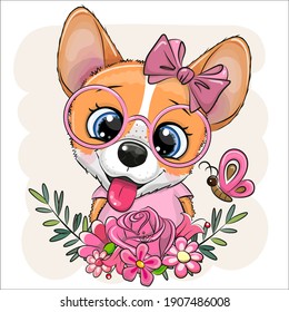 Cute Cartoon Corgi with flowers and a bow